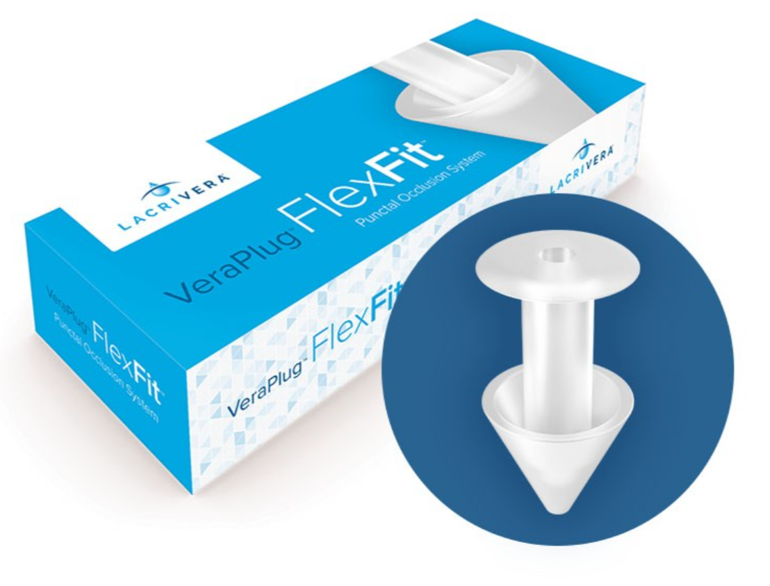 The Lacrivera VeraPlug FlexFit Sterile Pre-loaded Punctal Occluders, designed for dry eye relief and patient comfort, are showcased in blue and white packaging featuring a silicone plug device close-up beside the box.