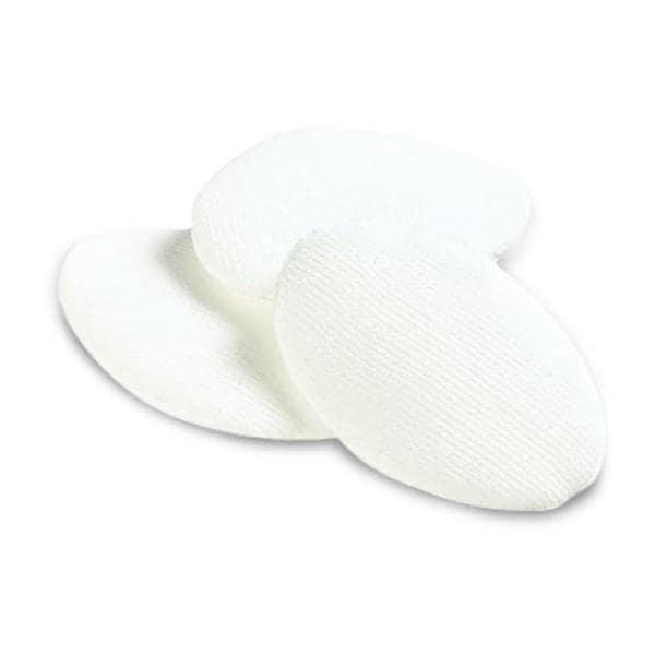 Three white, oval-shaped textured pads, likely for post-operative eye care or skincare, are displayed. These Sml Oval Eye Pads by MedPharma USA ensure hygiene and comfort. Sterile and soft, they measure 1-5/8x2-5/8 and come in a box of 50 from Dynarex.