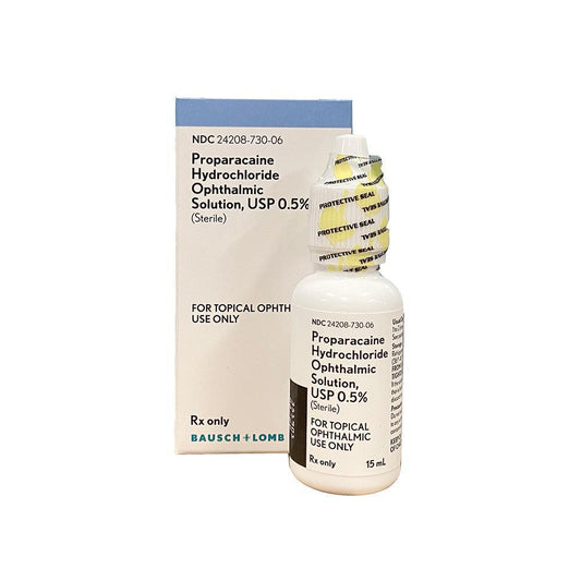 The MedPharma USA Proparacaine 0.5% Ophthalmic Solution by Bausch + Lomb comes in a 15mL bottle, designed as a topical anesthetic for eye care, with a secure cap and protective seal ensuring safety and purity.