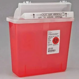 The MedPharma USA Sharps Container, 5 Qt, is red with a white lid featuring a prominent biohazard symbol and clear labeling. Designed for healthcare use, the lid ensures safe disposal of needles and sharps.