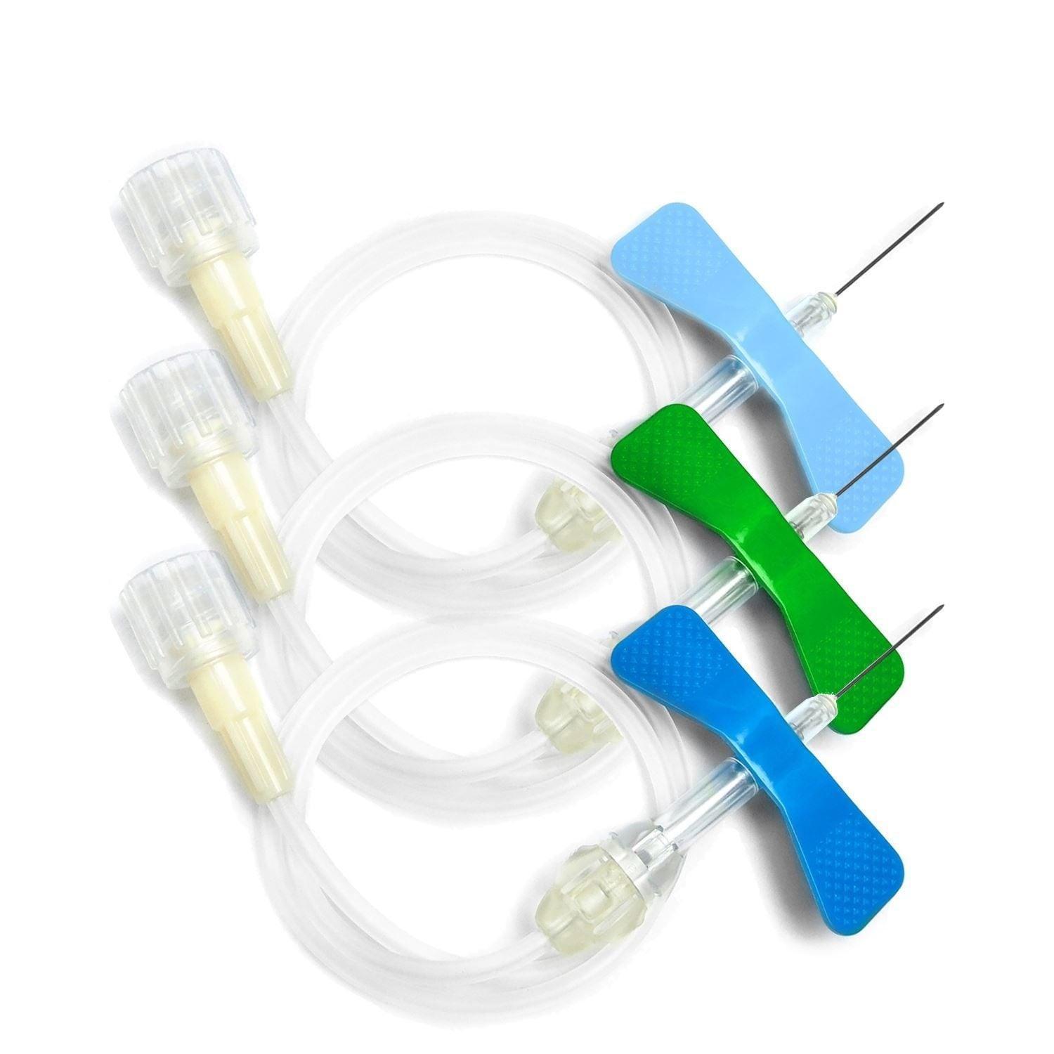 Three Terumo Winged Infusion Sets from MedPharma USA feature two blue-winged and one green-winged butterfly needles. Each has transparent tubing and connectors with textured wings for a secure grip, designed for safe intravenous therapy.