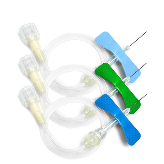 The Winged Infusion Set by MedPharma USA, 23g x 3/4 with 12 safety tubing, features flexible tubes and distinctive butterfly-shaped wings. Ideal for venipuncture, it includes transparent tubing and capped connectors for seamless medical use.